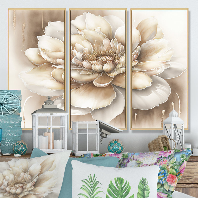Simple fleur beige II - 3 pièces, reproduction sur toile, Naturel, H 32 po x l 48 po x P 1 po