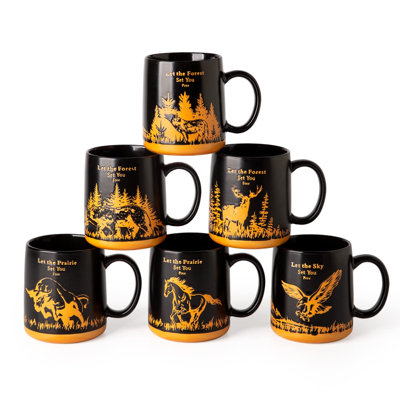 Large Coffee Mugs, Ceramic Coffee Mugs With Animal Wildlife Textured Patterns, Easy To Hold&Clean, Dishwasher&Microwave Safe, 18Oz, Set Of 6, (Matte Black)