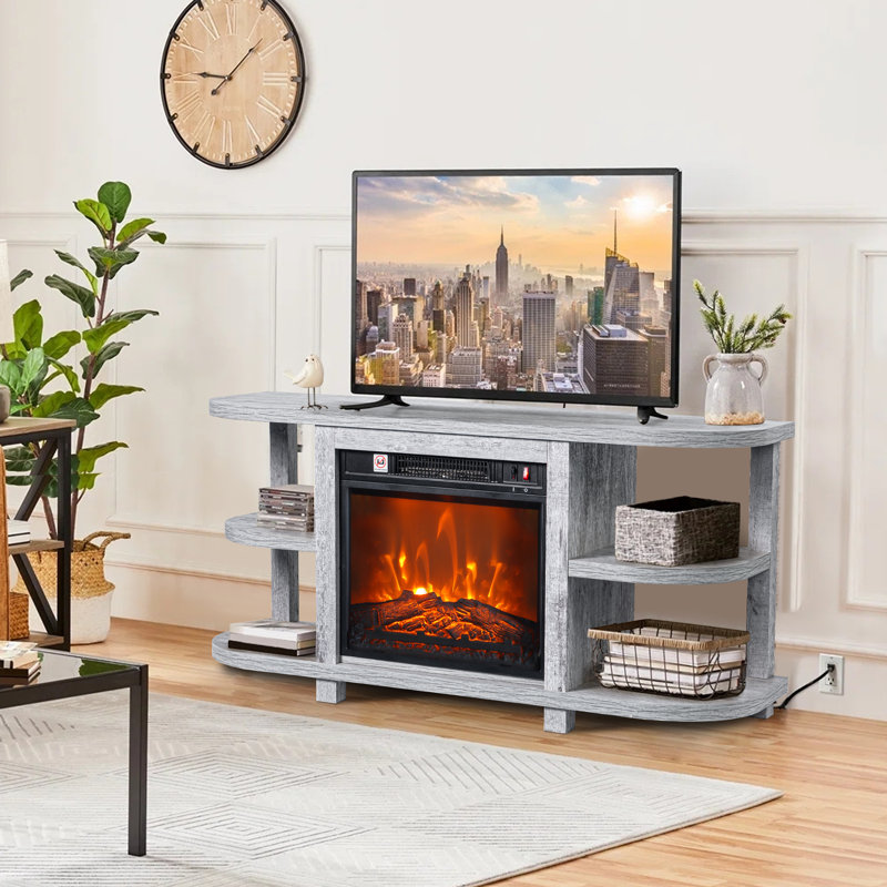 48" TV Stand With 18" Insert Electric Fireplace And Open Storage Shelves Media Console For Tvs Up To 55", Light Gray