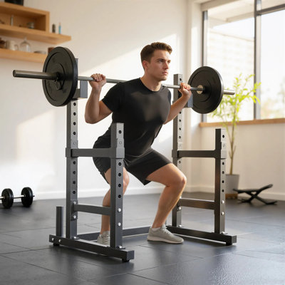 Adjustable Squat Rack, 660lbs Multi-functional Steel Bench Press Rack With Dual Barbell Holders & Safety Spotter Arms, Plate Storage For Home Gym Strength Weight Lifting Training