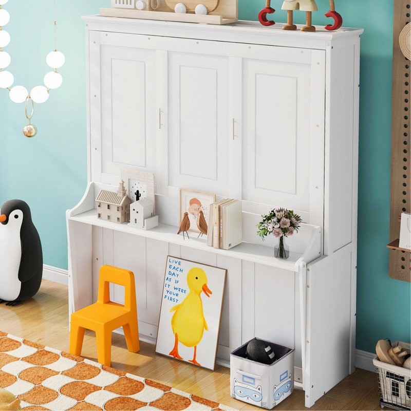 Lit élégant pour appartement, chambre d'amis, lit plateforme avec lit escamotable et tablette, Blanc