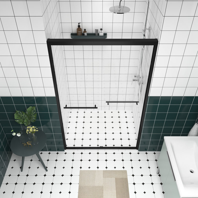 Porte de douche coulissante double à cadre réglable en aluminium de 44 à 48 po avec roulettes silencieuses, option de montage réversible