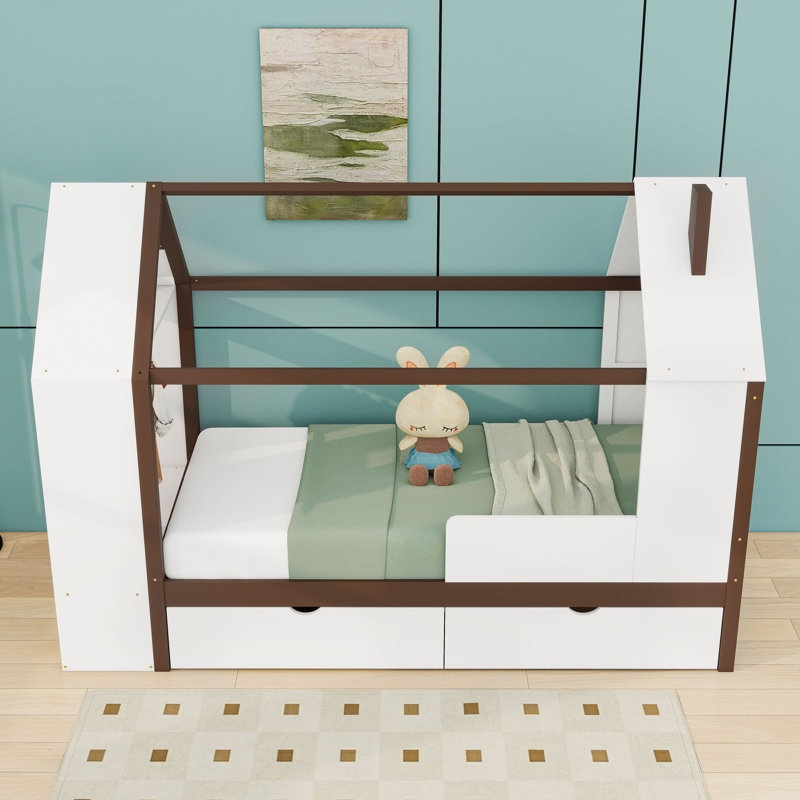 Lit plateforme simple en bois avec tablettes et tiroirs de rangement intégrés, Blanc espresso