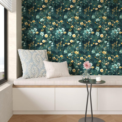 Vintage Floral Peel And Stick Wallpaper - Self Adhesive Removable Vinyl Wall Mural For Kitchen Bathroom Cabinet Stairs - Waterproof Oil-Resistant Easy To Clean Botanical Green Leaf Design
