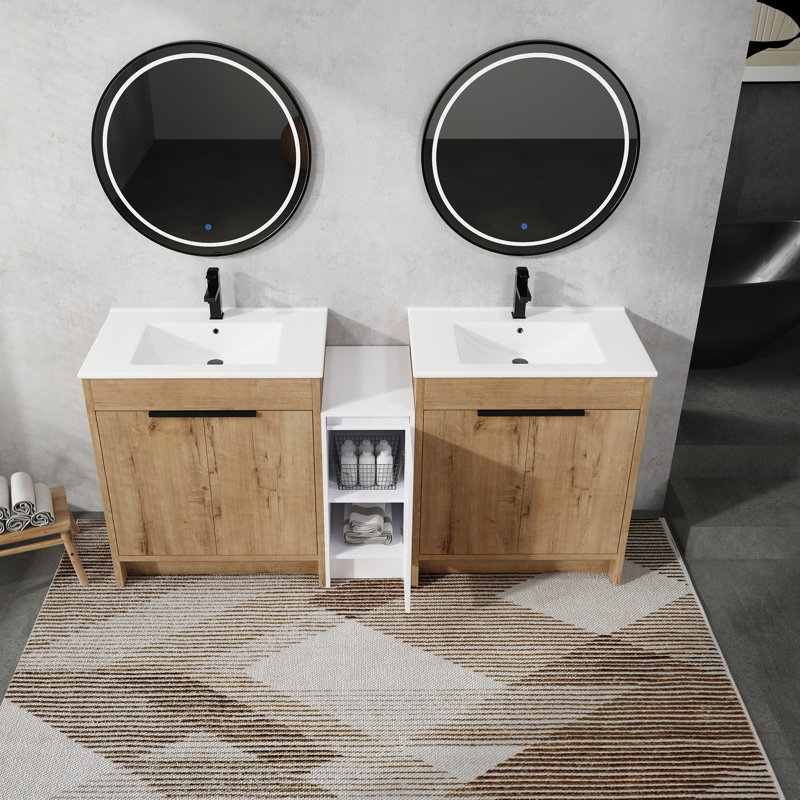 Meuble-lavabo autoportant de 72 pouces avec lavabo en céramique et armoires de rangement, porte à fermeture douce, Blanc, 72"