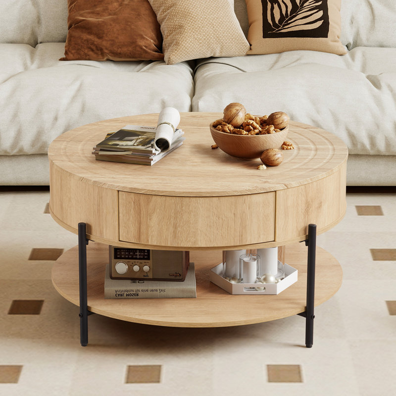 30.47'' Round Coffee Table With Drawers, Natural