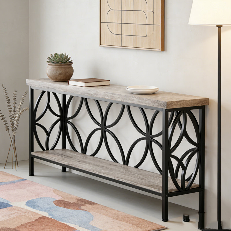 Console industrielle extra longue de 70,9 po, table de canapé étroite derrière le canapé avec tablettes de rangement ouvertes, table d'entrée rustique pour le couloir, le vestibule ou le salon, structure en métal