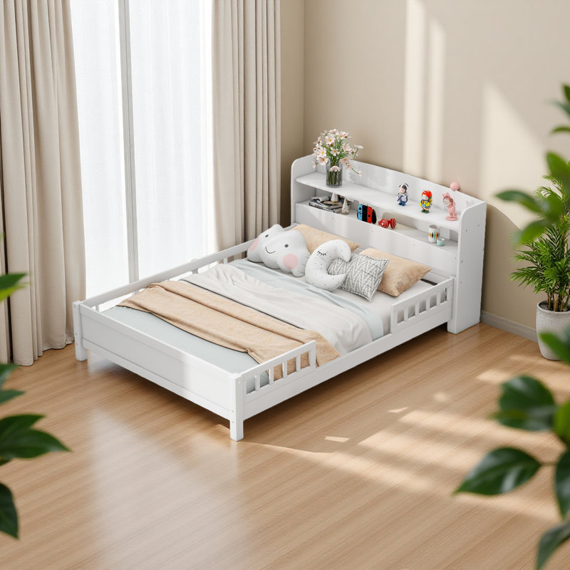 Lit plateforme en bois avec éclairage à DEL intégré, tête de lit avec rangement et garde-corps, Lit double, Blanc