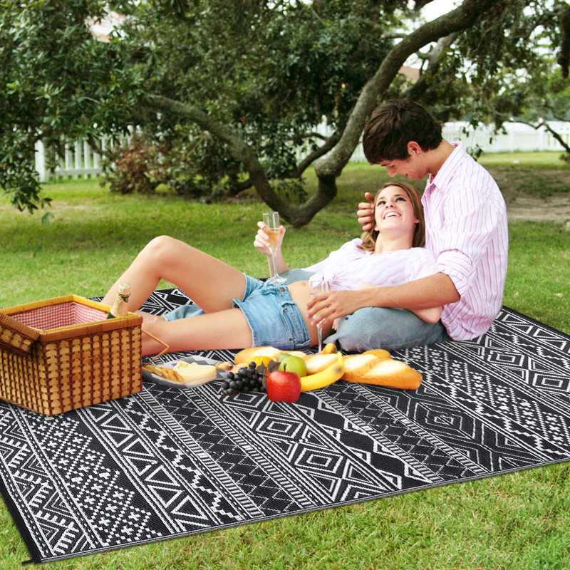 9x12Ft  Large Outdoor Plastic Straw Rug, Outdoor Rug, Reversible Plastic Camping Mats, Easy Cleaning, Non Shedding Patio Rug for Outdoors, Backyard, Picnic, Patio, Deck, Black