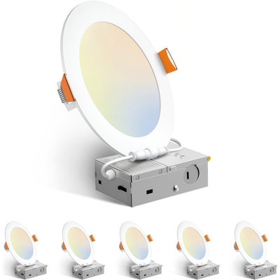 Paquet de 6 plafonniers encastrés à DEL blancs fins de 5 pouces avec boîte de jonction, 5CCT, 12 W, 1050LM, IRC élevé RA80, 2700K-5000K, couleur réglable de 5% à 100%, homologué ETL IC, pour le salon, la cuisine, la salle de bain et le bureau