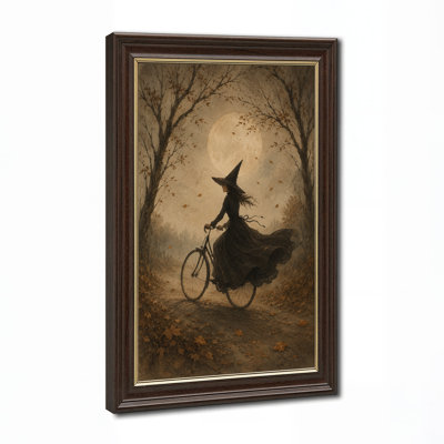 Sorcière chevauchant un vélo sous la pleine lune en automne, art mural d'Halloween
