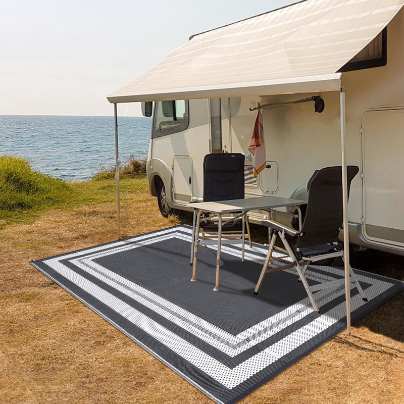 Outdoor Rug 9x12 Waterproof Patio Rug Reversible Plastic Straw Rug Camping Rug Modern Geometric Portable Foldable Large Rugs for RV Porch Balcony Picnic Beach Backyard Grey Panel