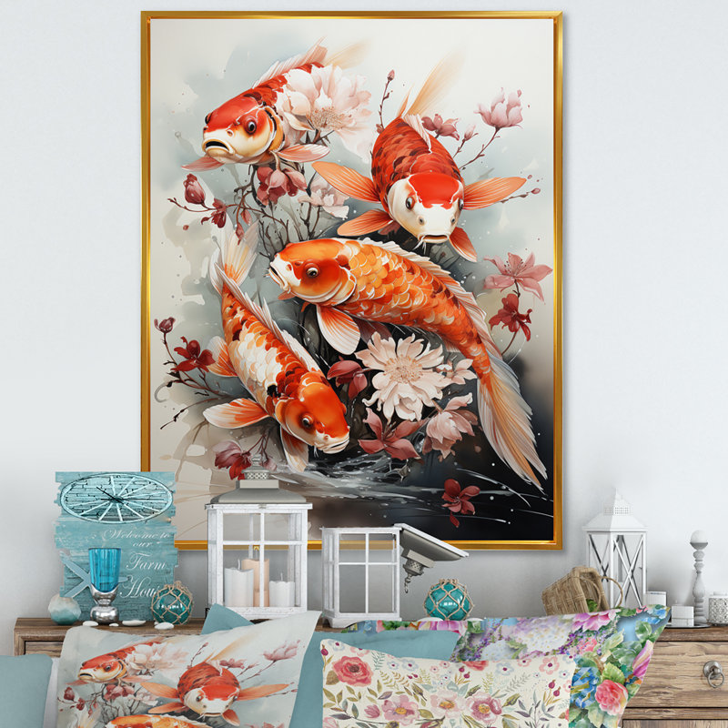Pêche, pêche d'art contemporain Koi, H 40 po x l 30 po x P 1,5 po, Cadre flottant doré