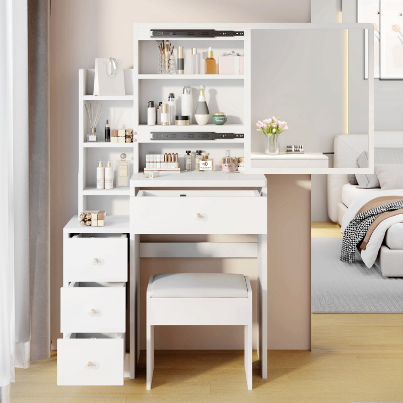 Petite coiffeuse 29,2 po avec tabouret de chevet gauche + tabouret rembourré, très grand miroir coulissant à droite, rangement multi-couches grande capacité, commode pratique et pratique, convient aux petits espaces