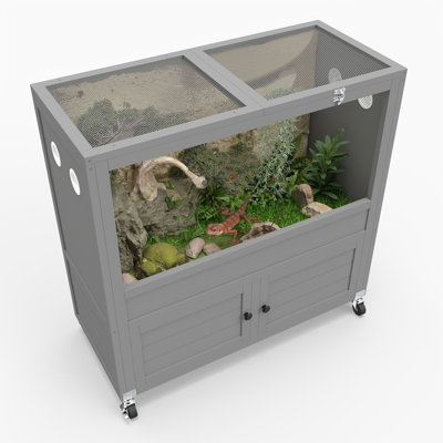 Reptile Enclosure Stand – 50-gallon Reptile Tank With Adjustable Storage Cabinet, Caster Wheels, And Metal Mesh Top Door – Ideal Habitat For Snakes, Lizards, Geckos, And Tortoises