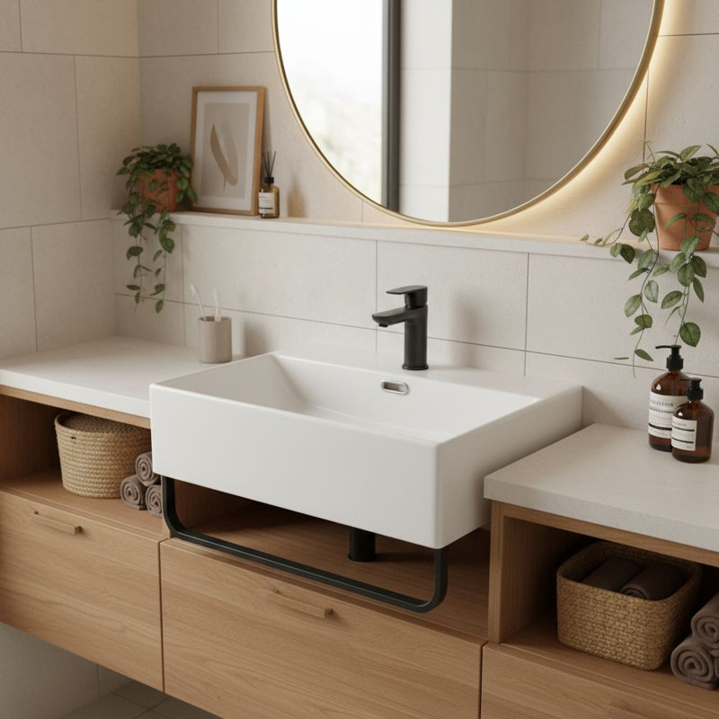20" Small Wall Mount Bathroom Sink with Towel Rack and Faucet Hole