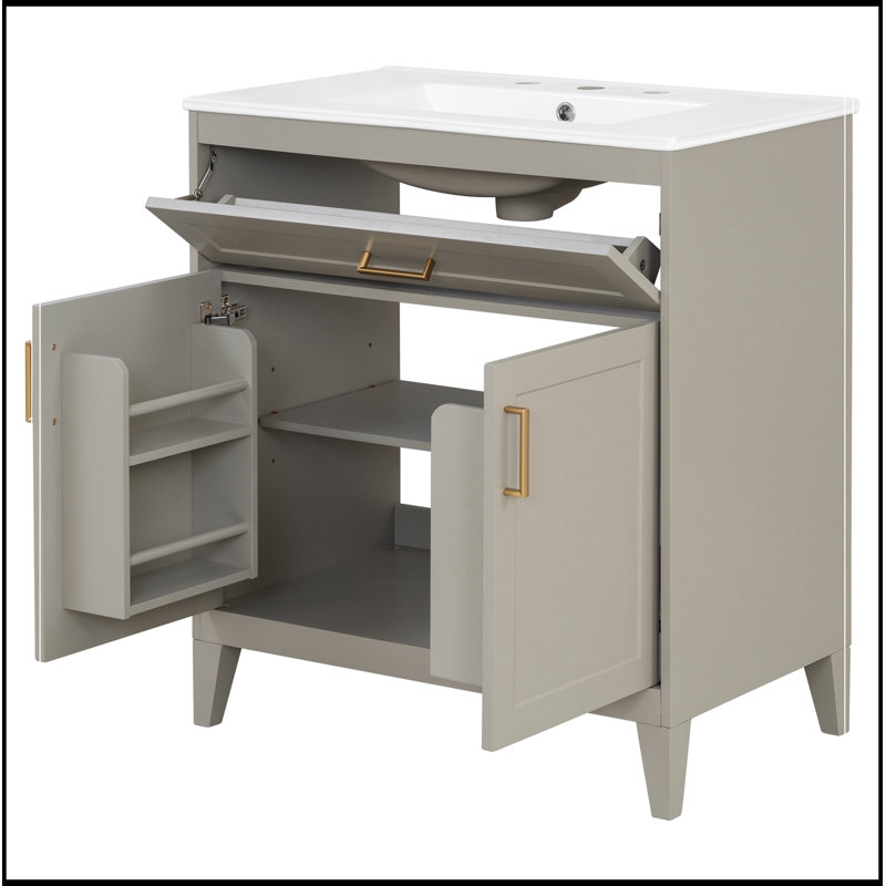 Meuble-lavabo de salle de bain avec comptoir de lavabo, portes doubles à fermeture en douceur et tiroir basculant, Beige