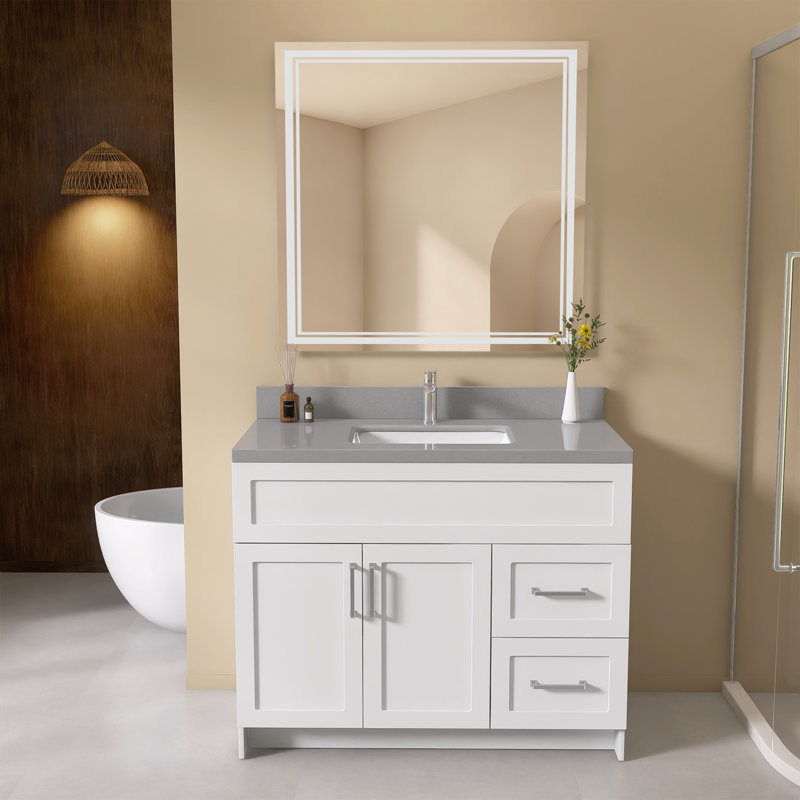 Évier intégré de meuble-lavabo simple en pierre reconstituée l 42 po x P 22 po avec dosseret gris moucheté 4 po
