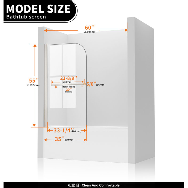 35 In. W X 55 In. H Frameless Pivot Tub Door 1/5" Clear Glass With Towel Bar, Chorme. 180 Degree Rotatable Bathtub Shower Door