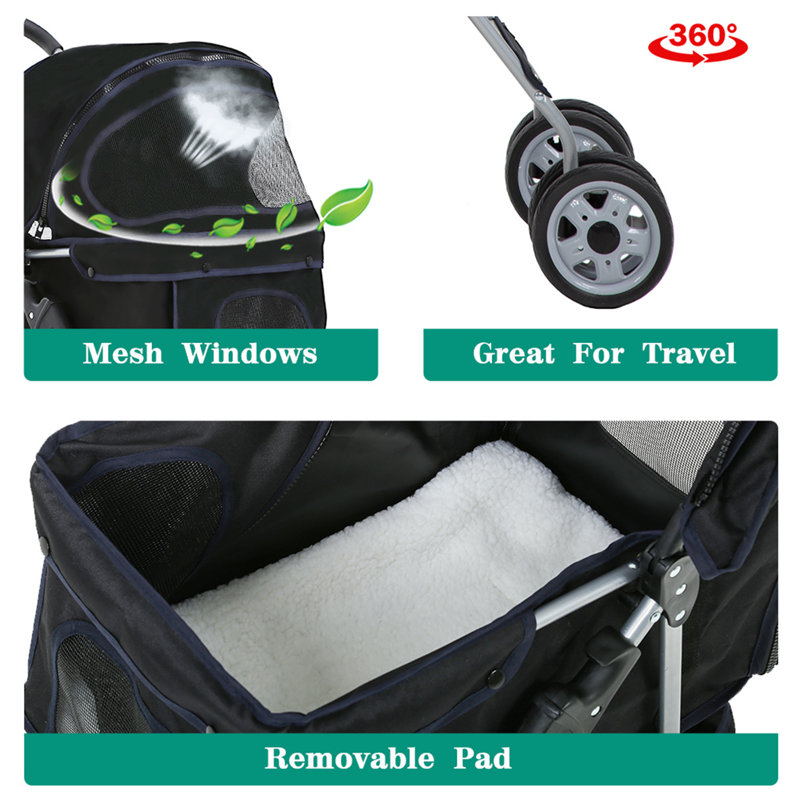 Black 4-Wheeled Folding Pet Stroller with Mesh Windows