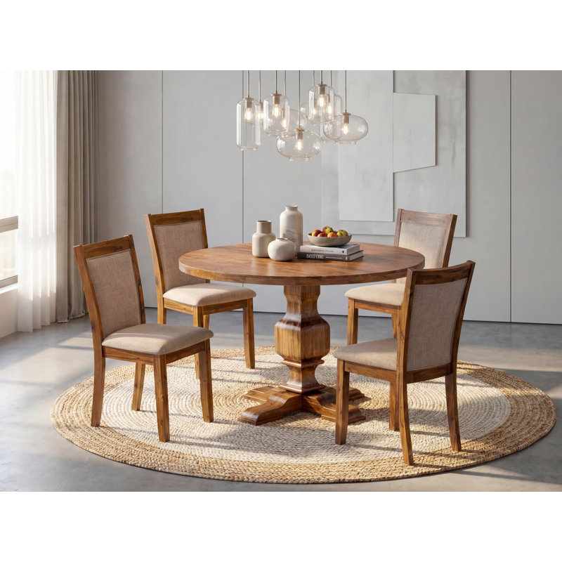 Ensemble de table de salle à manger 5 pièces - Table de cuisine ronde et 4 chaises Parson de couleur brun clair avec dossier haut - Finition noyer antique