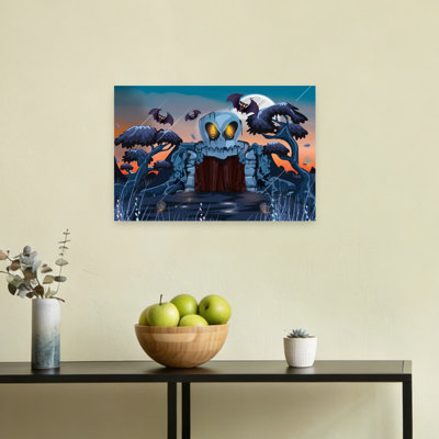 Affiche murale abstraite contemporaine représentant une porte de crâne au clair de lune, un paysage de chauves-souris et une nature.