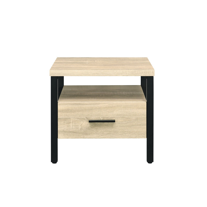 Table d'appoint chêne et noir, pieds en métal, avec tiroir de rangement et tablette ouverte