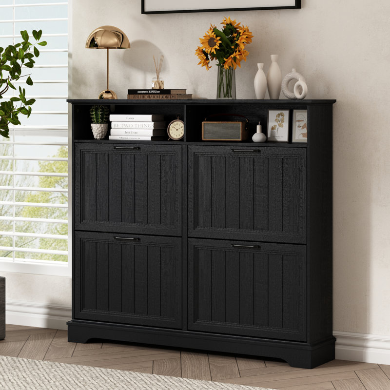 24 Pair Shoe Storage Cabinet with 4 Flip Drawers, Black