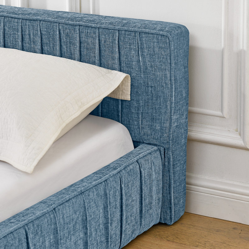 Structure de lit tapissier en chenille grand format avec motif plissé, Bleu foncé