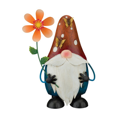 16.5 Inch Metal Gnome Spinner Garden Statue with Decorative Floral and insect Accents