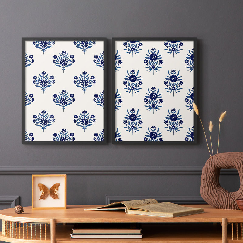 Motif de fleurs indigo I - impression encadrée de qualité supérieure - prêt à être accroché - aucun clou requis - aucun clou requis