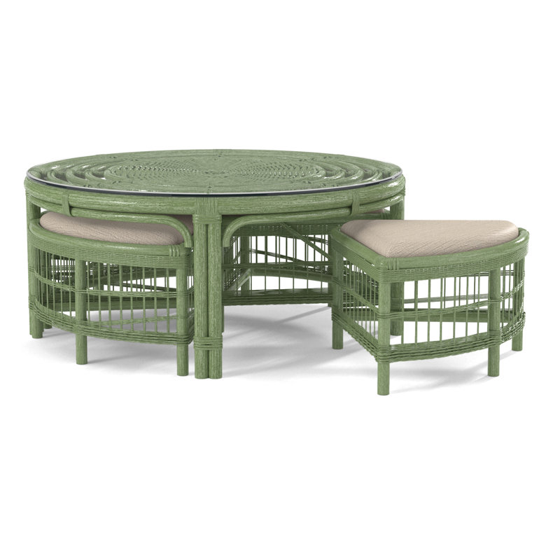 Raffles Rattan Cocktail Table with Benches, Celery, White Performance Fabric; 0851-94