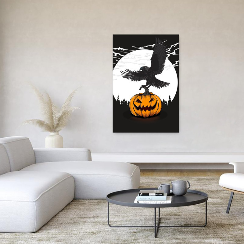 Corbeau de nuit sur citrouille - Affiche murale abstraite contemporaine représentant un oiseau de la forêt d'automne