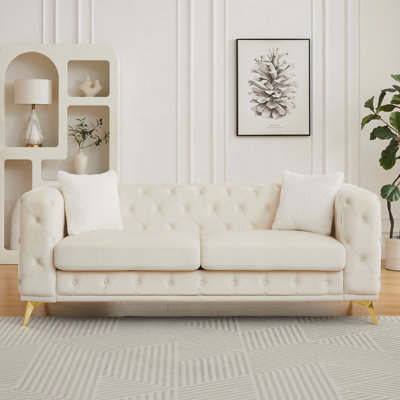 Canapé classique et moderne: canapé de style Chesterfield de 82,5 pouces avec des détails capitonnés et un revêtement en velours luxueux, avec 2 coussins décoratifs et des pieds en métal