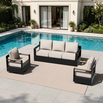 3‑Piece Aluminum Outdoor Conversation Set, 3‑Seat Sofa and 2 Swivel Patio Chairs with Beige Cushions