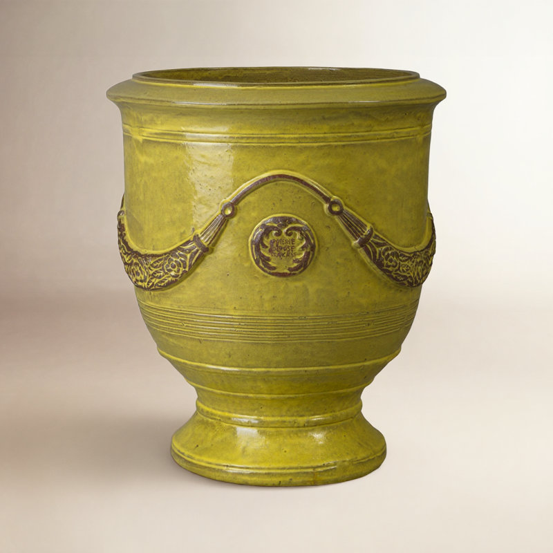 Anduze French Yellow Ceramic Round Planter with Drainage Hole, 31" H x 27" W x 27" D