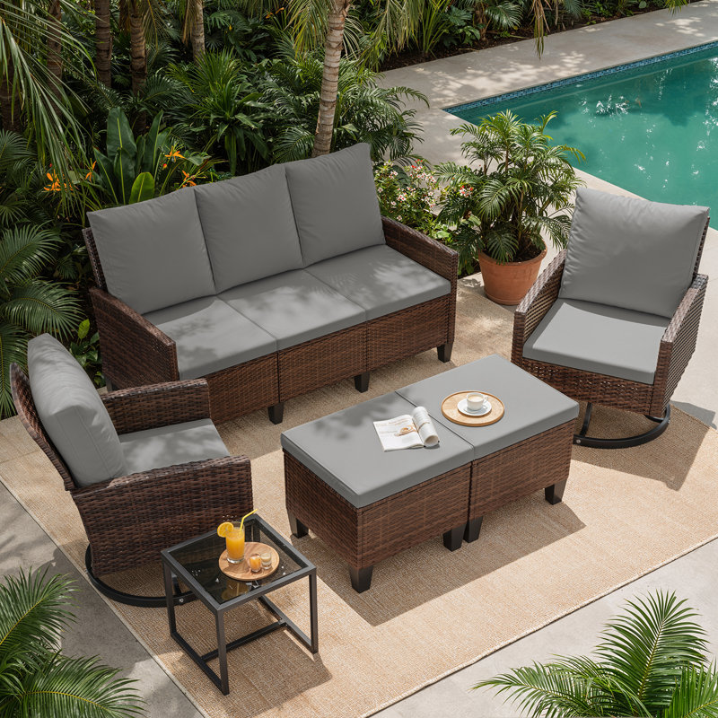 Ensemble de conversation modulaire en osier pour 7 personnes avec repose-pieds, Gray, Brown