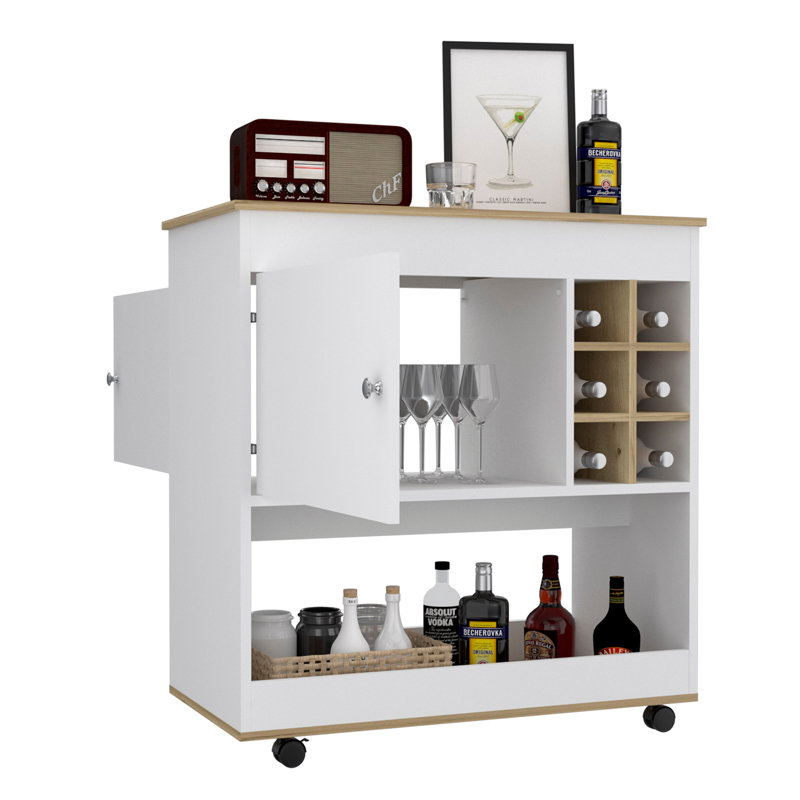 Chariot-bar, panneau inférieur, six casiers à bouteilles, une armoire