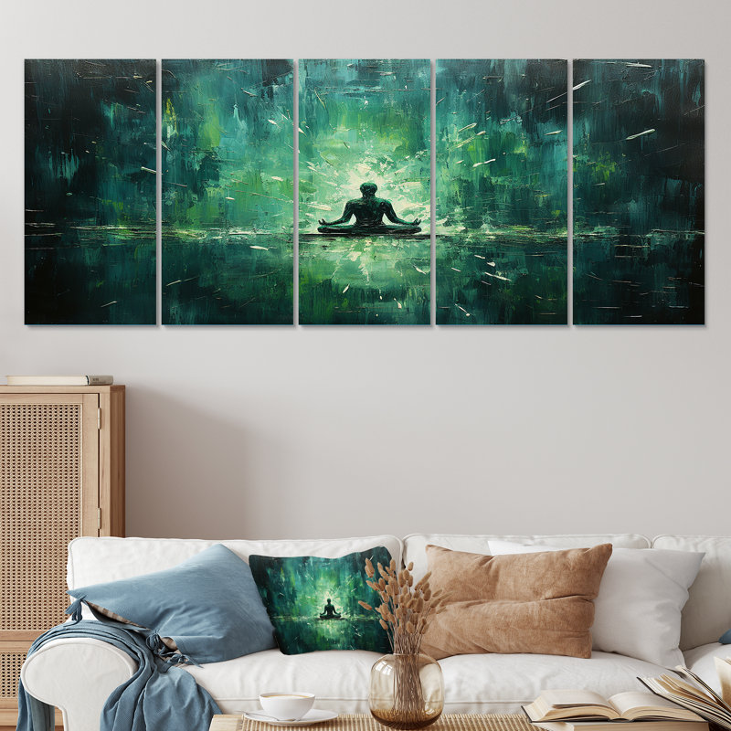 Green Yoga Bliss II - Yoga, art mural sur toile 5 pièces, H 32 po x l 80 po