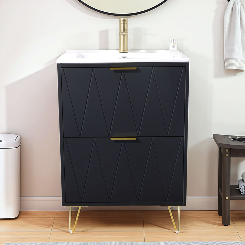 Meuble-lavabo simple 24 po à 2 tiroirs avec plateau en céramique 24 po