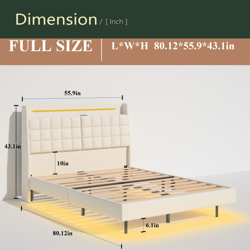 Tête de lit avec tête de lit tapissier à DEL et espace de rangement dissimulé, sans sommier tapissier, beige, Lit double