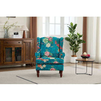 Chaise d'appoint moderne avec pieds en bois rétro, fauteuil rembourré confortable, canapé simple à motif floral pour le bureau de la chambre à coucher - Cyan floral