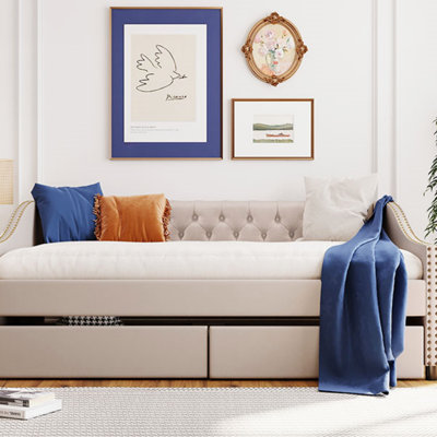 Upholstered Daybed With Two Drawers, Wood Slat Support (Daybed)