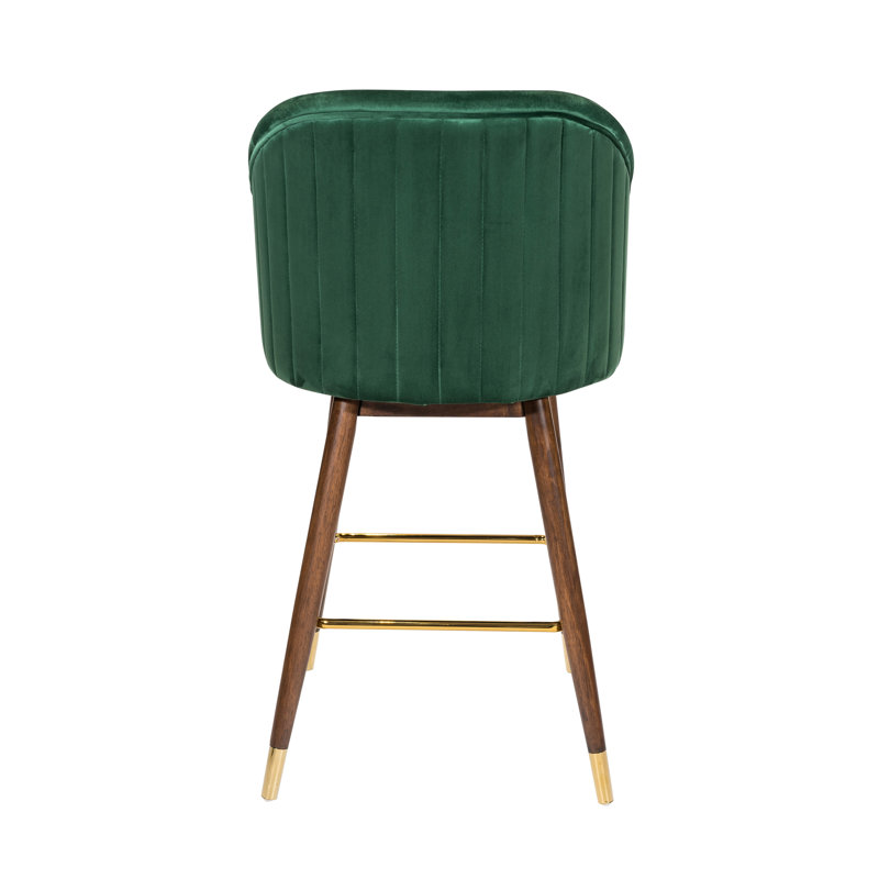 28'' Velvet Upholstered Bar Stool with Rubberwood Legs, Green