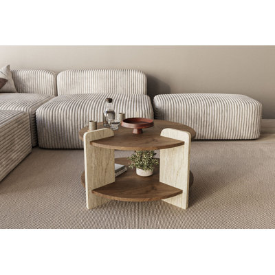 Table basse moderne Calderon avec finition noyer et travertin, 27,6 po x 17,7 po x 27,6 po | Panneau de particules 100% mélaminé, design élégant en marbre | Démonté pour un assemblage facile, parfait pour les salons contemporains