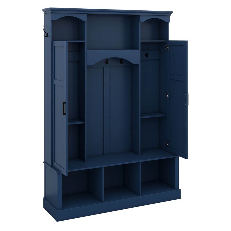 Hall Tree With Bench And Shoe Storage, Hall Tree With Adjustable Shelves, Arched Storage Bench With Cabinets, 7 Hooks, Blue