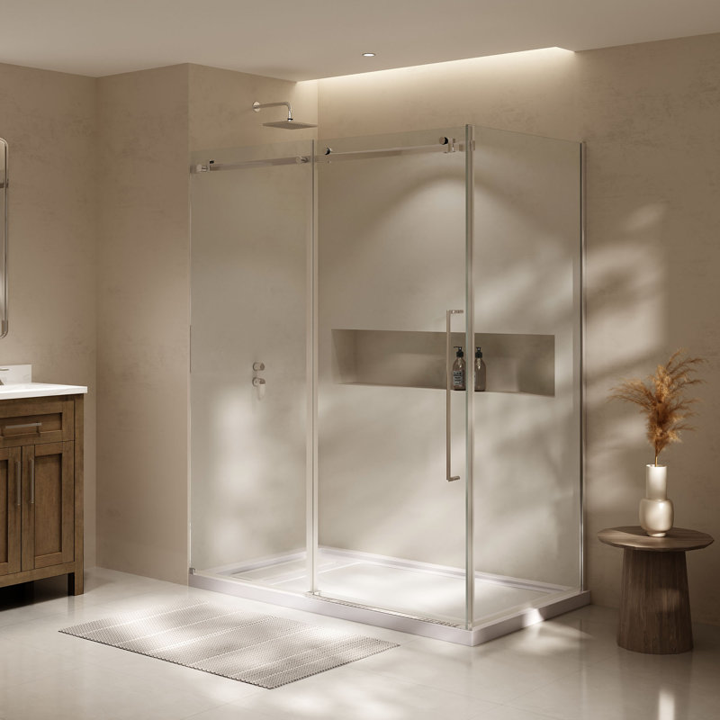 Ensemble de douche en alcôve avec porte coulissante et panneau latéral 60 po x 35 po Selby, chrome, Chrome chrome