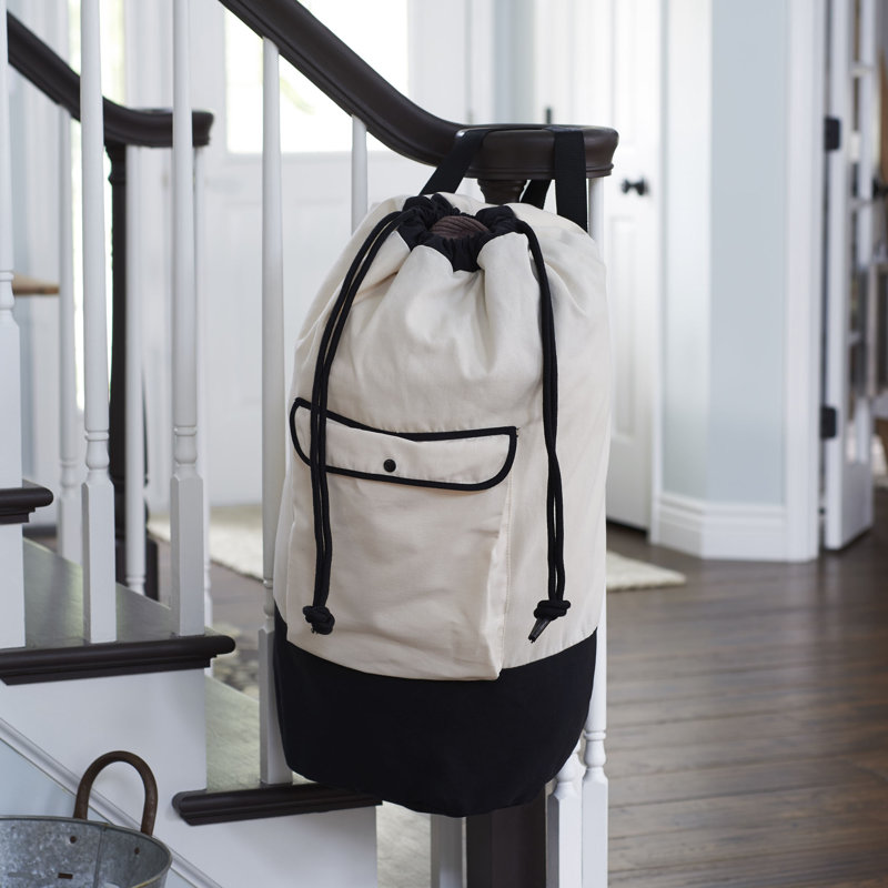 Laundry Duffle Bag, Poly-Cotton Canvas Pack with Adjustable Shoulder Straps, Drawstring Top, Pocket with Snap Closure, Chic and Multipurpose, Great for Laundry, Camping and More, Cream and Black
