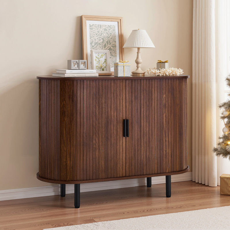 Coffee Bar Cabinet, Mid Century Fluted Coffee Bar Table, Buffet Stand Cabinet with 2 Sliding Doors, Sideboard Buffet Station for Living Room, Entryway, Kitchen, 39.3 x 15.7 x 29.5 in, Walnut
