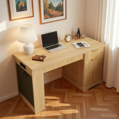 Modern Fluted Office Desk With Storage Cabinet, Drawer, Power Outlet, Pegboard, Built-in Shelves And Keyboard Tray